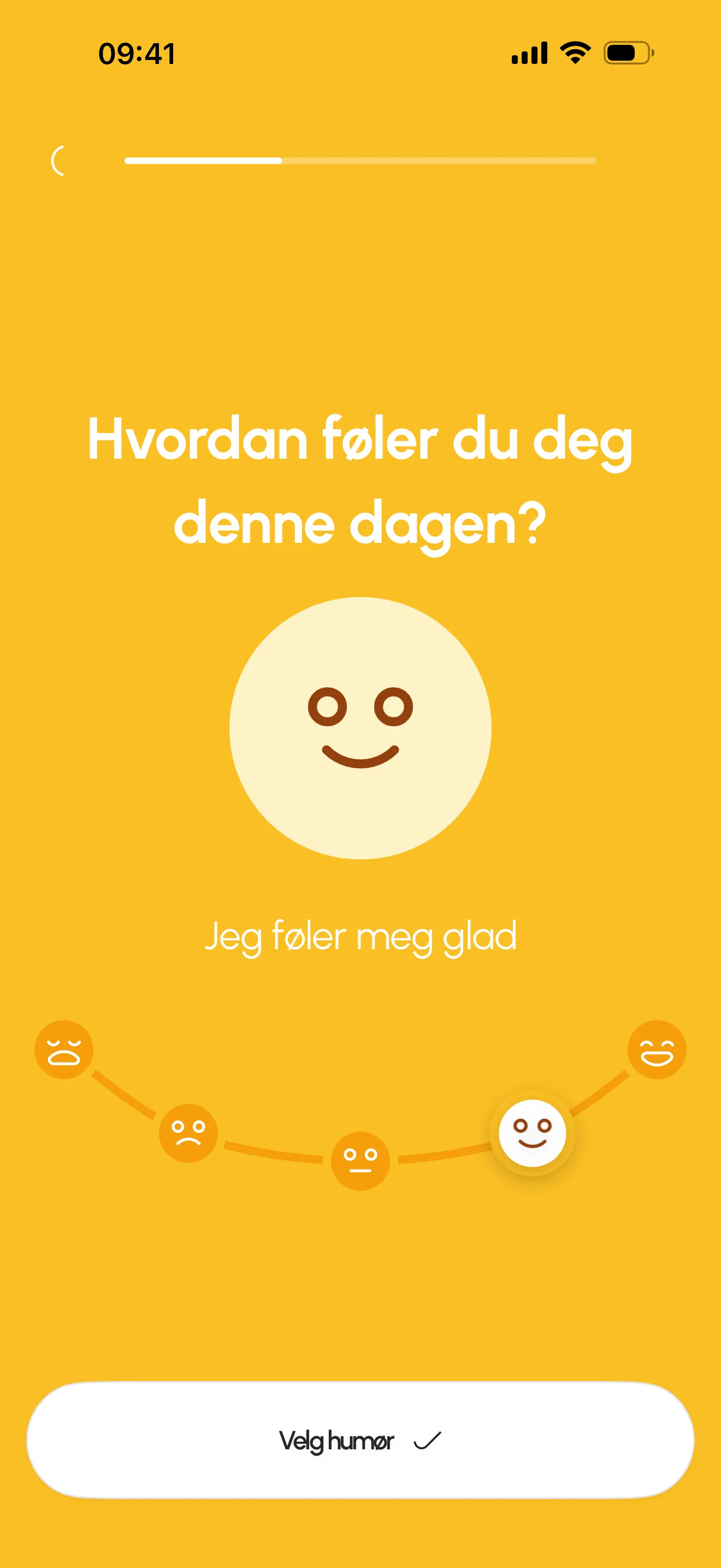Skjermen «Hvordan føler du deg denne dagen?» med et stort smilefjes og en skala fra trist til glad.