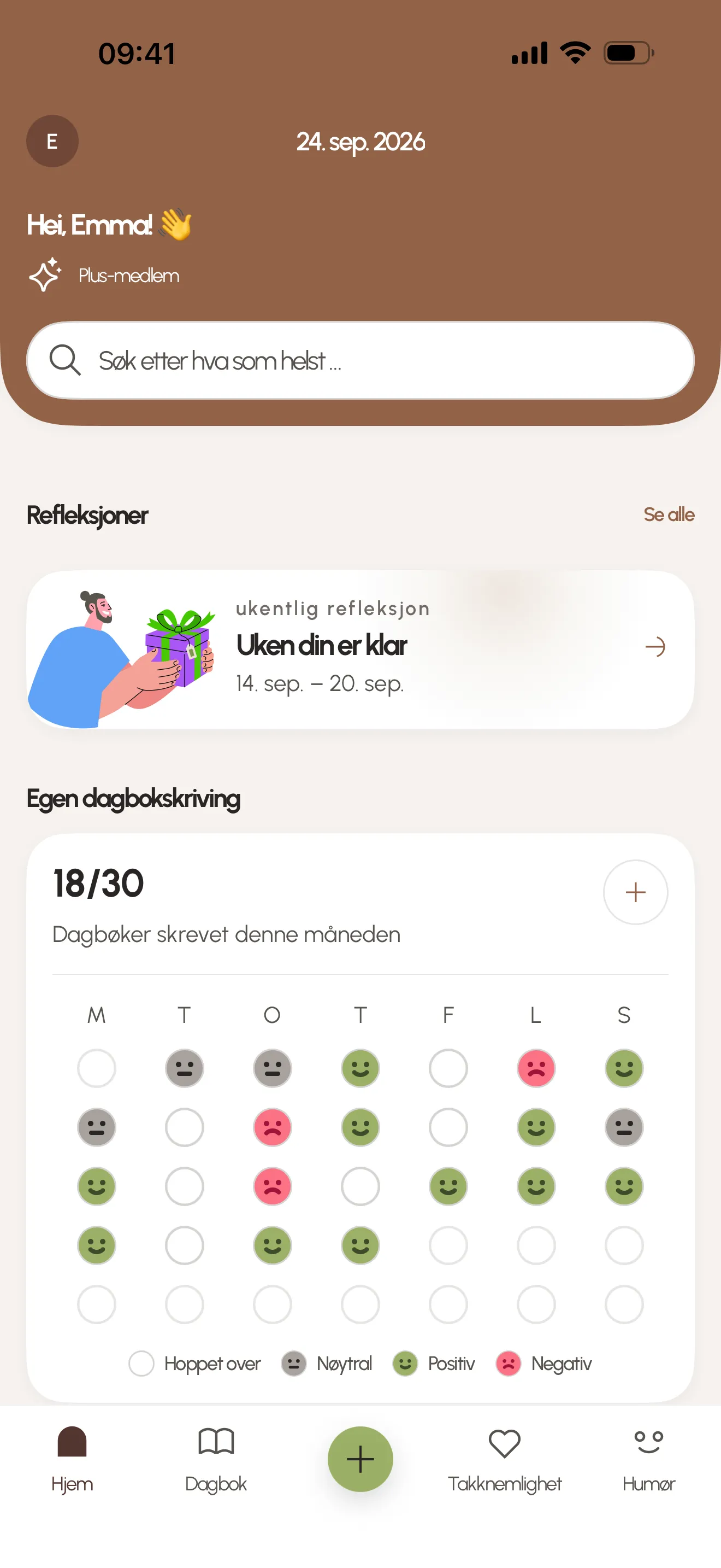 Forsiden i Sereneo med søkefelt, kort for ukentlig refleksjon og en månedsoversikt over dagboknotater farget etter humør.