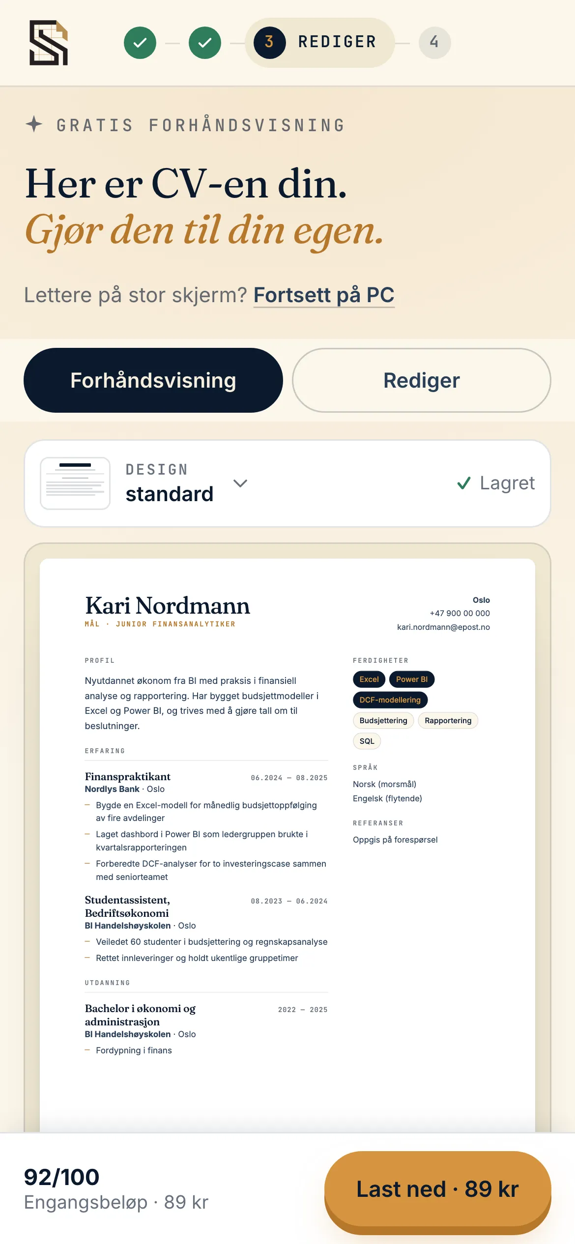 CV-editoren på mobil, med faner for forhåndsvisning og redigering og en knapp for å laste ned CV-en.